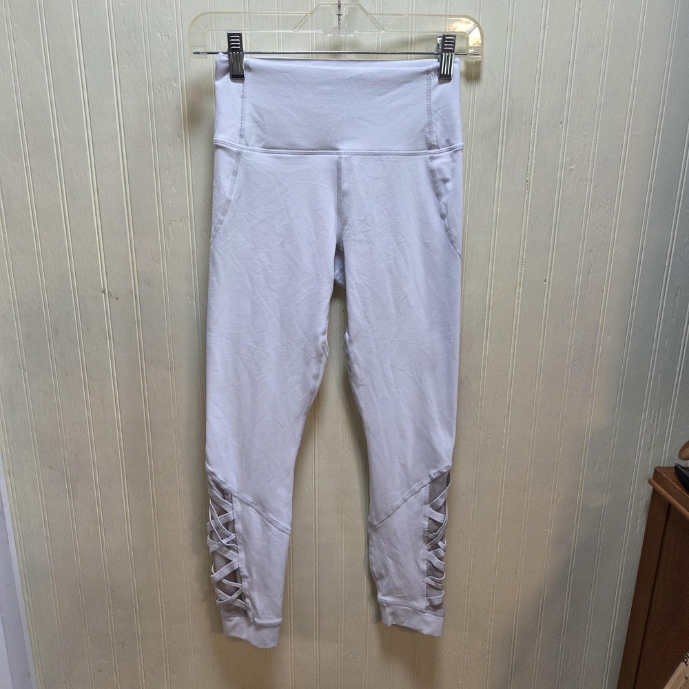 Fabletics Powerhold Leggings Womens M White High Rise Lattice Ankle Pockets